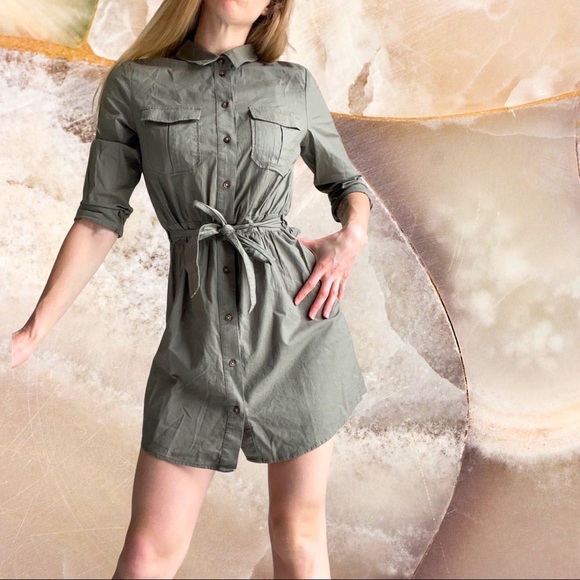 H&M Dresses & Skirts - H&M new with tags khaki button front dress with waist tie size 12 100% cotton